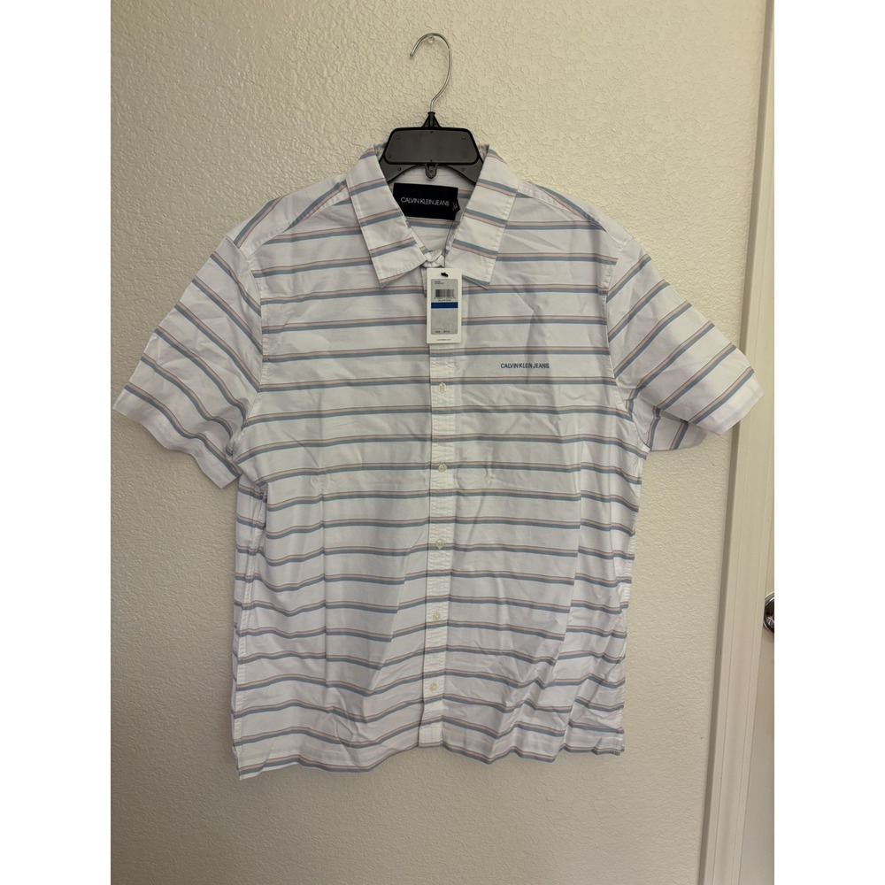 Mens Vtg Calvin Klein Jeans Striped Button Up‎ Shirt With Embroidered Name Sz XL